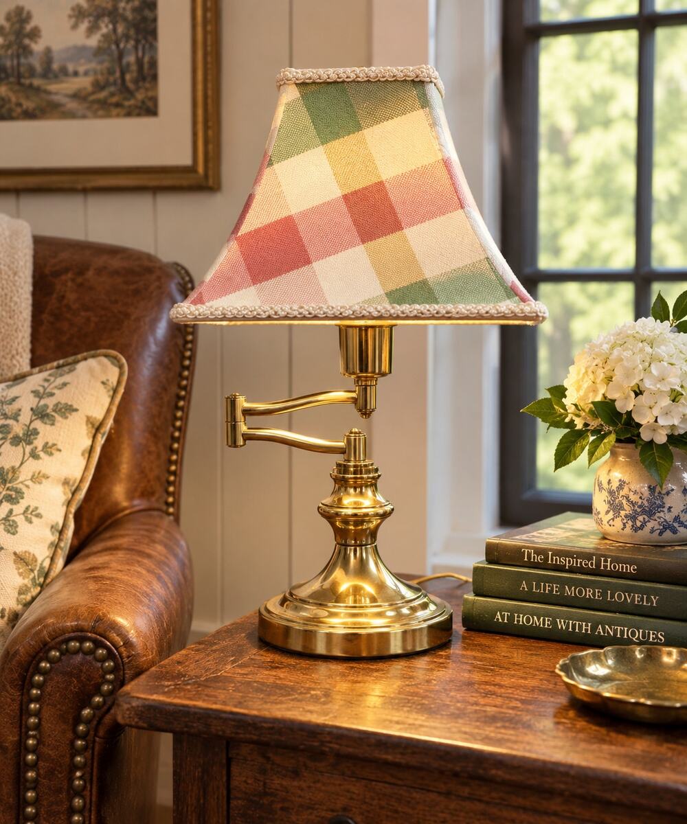 Vintage Brass Swing Arm Table Lamp with Plaid Shade 1980s